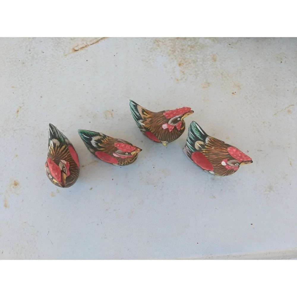 Folk Art Wood Painted Chicken Napkin Ring Holders Set of 4